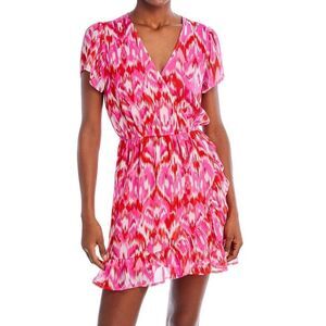 AQUA Wrap Dress Size Extra Large Pink Red Ikat Print Ruffle Short Sleeve NWT